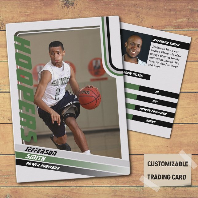 Basketball Spieler Benutzerdefinierte Handelskarte Telefonnummerkarte (Basketball Player Trading Card in Grey with custom team name and player name with Green stripes
)