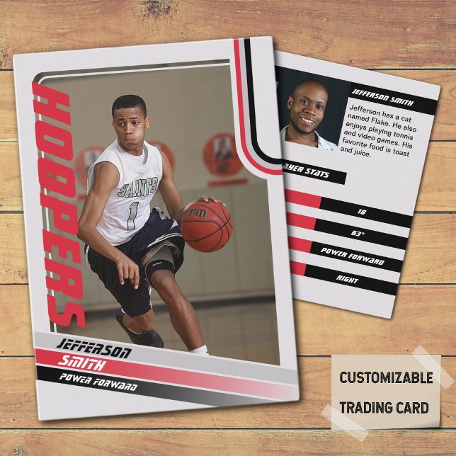 Basketball Spieler Benutzerdefinierte Handelskarte Telefonnummerkarte (Basketball Player Trading Card in Grey with custom team name and player name with Red stripes
)