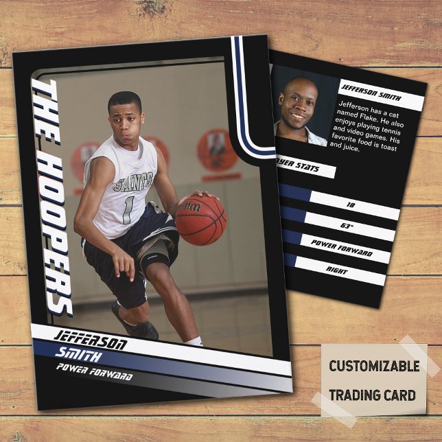 Basketball Spieler Custom Black Trading Card Blau Telefonnummerkarte (Basketball Player Trading Card in Black with custom team name and player name with Blue stripes
)