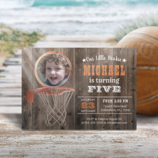 Basketball Sport Rustikales Holz Foto Geburtstag Einladung