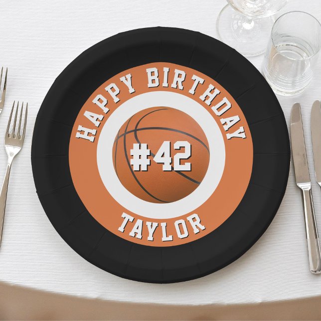 Basketball Sport Team Spielername Glückwunsch zum  Pappteller (orange black & white sports basketball happy birthday paper plates)