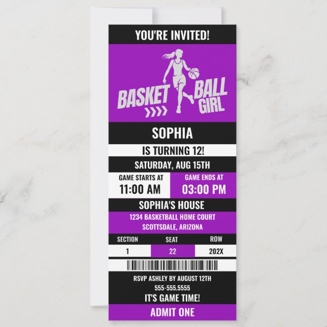 Basketball Ticket Geburtstag,Basketball Girl-Spiel Einladung (Vorderseite)