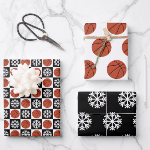 Basketball und Schneeflocken Schwarz-Weiß-Weihnach Geschenkpapier Set