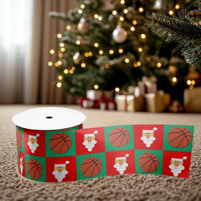 Basketball und Weihnachtsbasketball-Spieler Satinband (Basketball and Santa Christmas gift ribbon.)