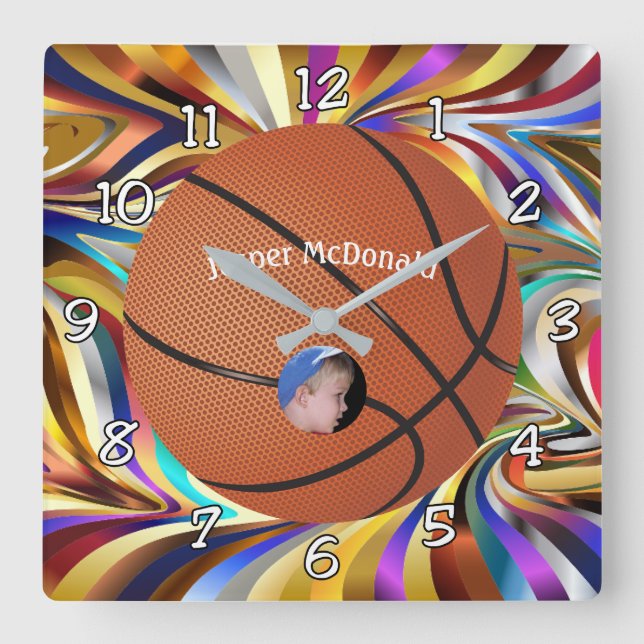 Basketball Viele Farben Bkgrd Foto personalisieren Quadratische Wanduhr (Vorderseite)