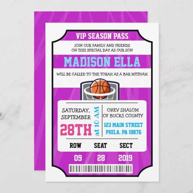 BASKETBALL VIP TICKET Bar Bat Mitzvah Einladung (Vorne/Hinten)