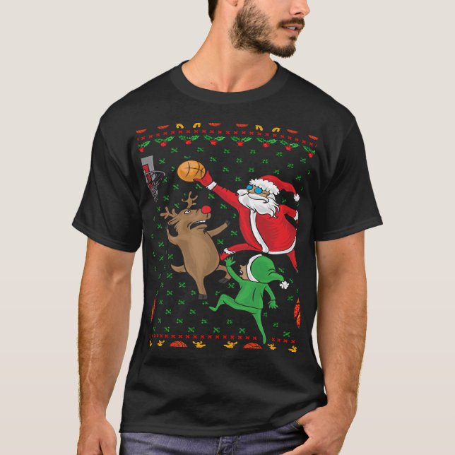 Basketball Weihnachtsmann und Rentier Long Sleev T-Shirt (Vorderseite)