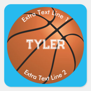 Basketball, Weißer Name, 2 Textzeilen, Himmelblau Quadratischer Aufkleber