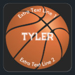 Basketball, weißer Name, 2 Textzeilen, Schwarz, Vs Quadratischer Aufkleber<br><div class="desc">Dieses Basketballdesign mit Ihrem Namen in Weiß mit zwei zusätzlichen Textzeilen auf schwarzem Hintergrund personalisieren. Version 2.</div>