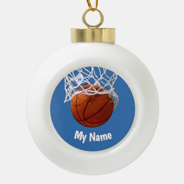 Basketball Your Name Custom Steel Blue Background Keramik Kugel-Ornament (Vorderseite)