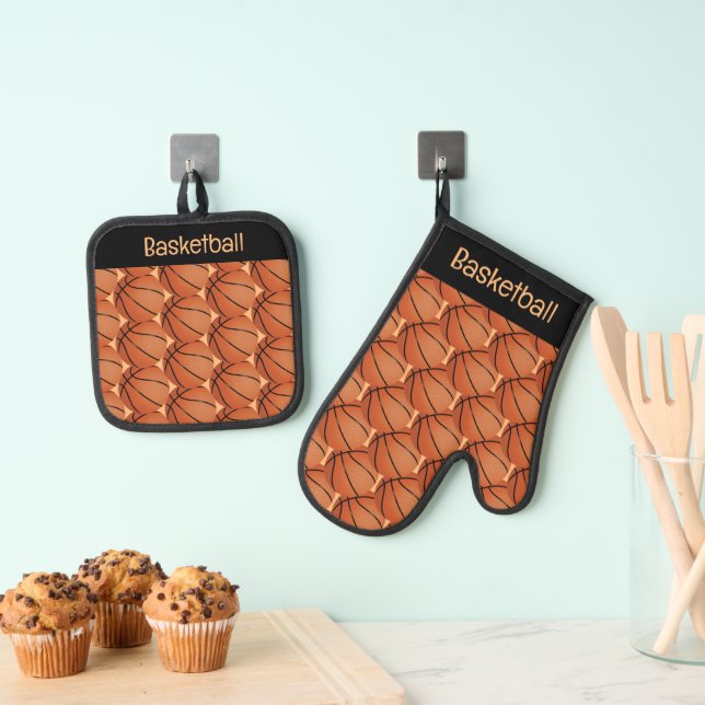 Basketballdesign Oven Mitt- und Pothalter Ofenhandschuh & Topflappen-Set (Insitu (Hängend))