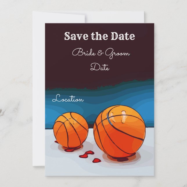 Basketballhochzeit mit Liebe auf blauem Hintergrun Einladung (Vorderseite)