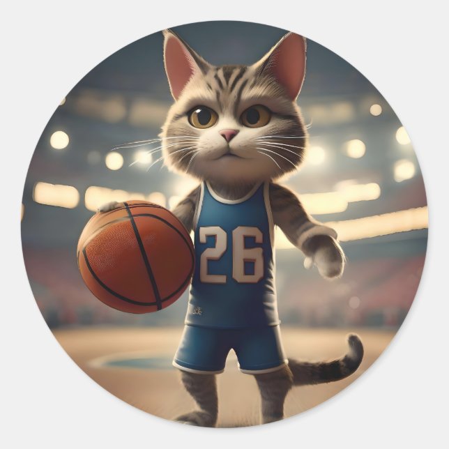 Basketballkatze, Runder Aufkleber (Vorderseite)