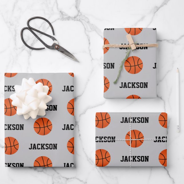 Basketballname Muster Kinder Grau Geschenkpapier Set (Vorderseite)