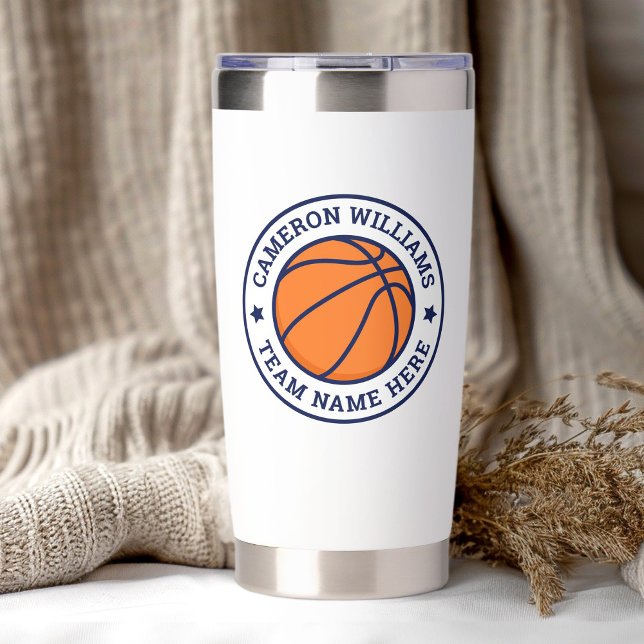Basketballname und blau-Sterne-Team weiß Thermobecher (Basketball name and team blue stars white insulated tumbler)