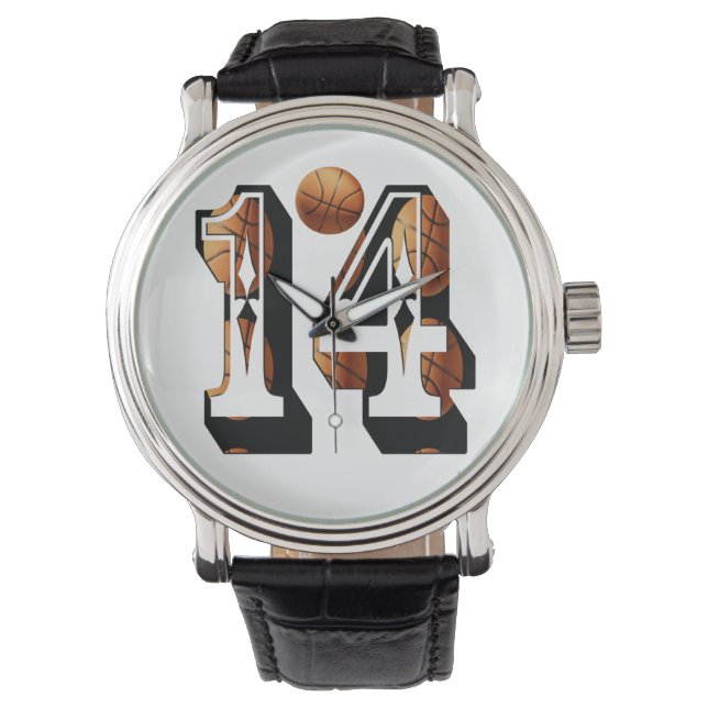 Basketballnummer 14 Mens Lederuhr, Armbanduhr (Vorderseite)