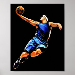Basketballspieler, der mit dem Ball springt. Slam Poster