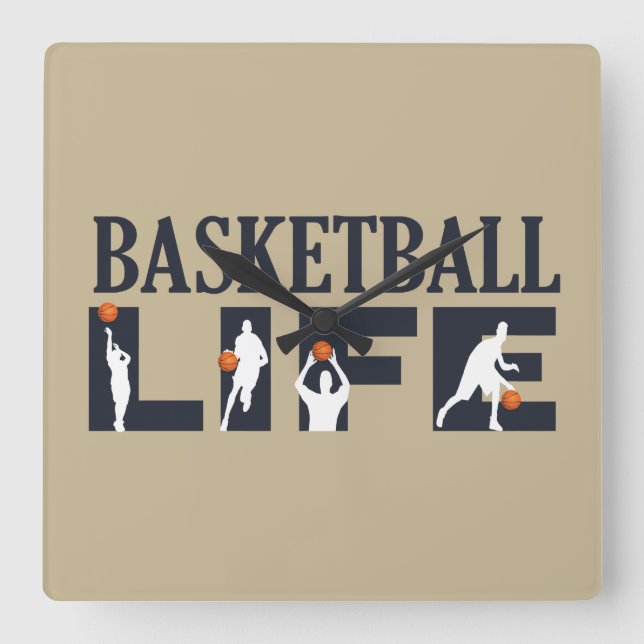 Basketballspieler, die mit orangefarbenem Ball tre Quadratische Wanduhr (Vorderseite)