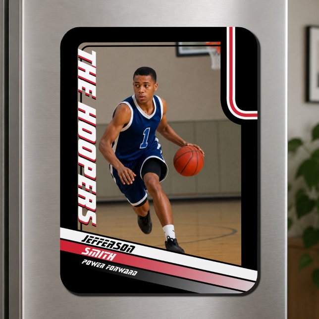 Basketballspieler-individualisierter schwarzer rot magnet (Bold black & red basketball photo magnet, personalized with your own photo.)