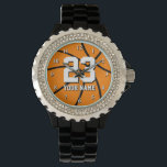 Basketballuhr mit eigener Nummer und Name Armbanduhr<br><div class="desc">Basketballuhr mit eigener Nummer und Name. Handgelenkuhren für Basketballkutschen,  Fans und Spieler. Personalisierbare Geschenkidee für Männer und Frauen. Sportliches Design mit orangefarbenem Basketball.</div>