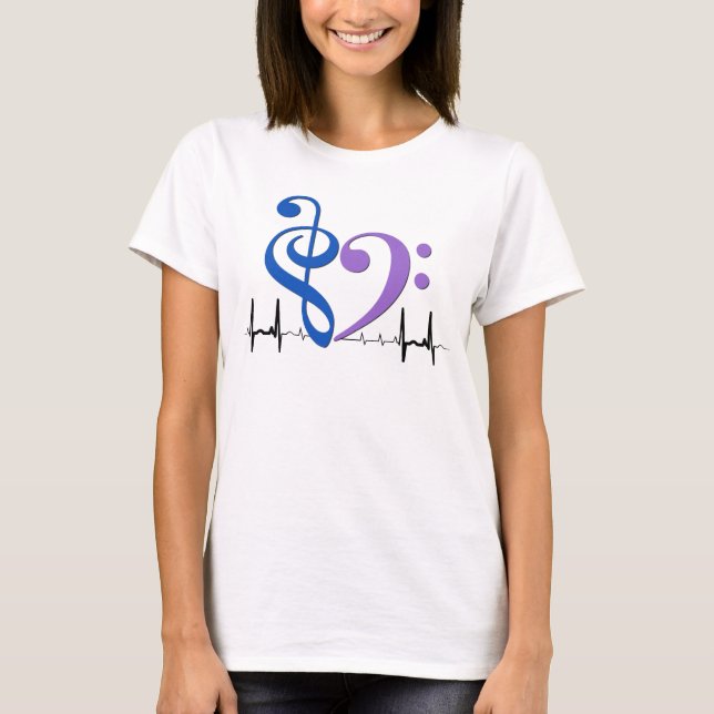 Bass Clef Heart EKG Waves Blue & Amethyst T-Shirt (Vorderseite)