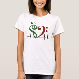 Bass Clef Heart EKG Waves Green & Ruby Red T-Shirt