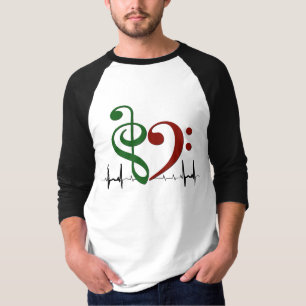 Bass Clef Heart EKG Waves Green & Ruby Red T-Shirt