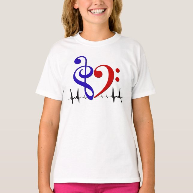 Bass Clef Heart EKG Waves Navy & Red T-Shirt (Vorderseite)