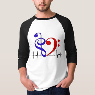 Bass Clef Heart EKG Waves Navy & Red T-Shirt