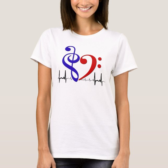 Bass Clef Heart EKG Waves Navy & Red T-Shirt (Vorderseite)