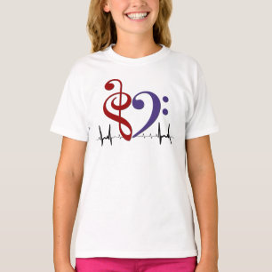 Bass Clef Heart EKG Waves Red & Lila T - Shirt
