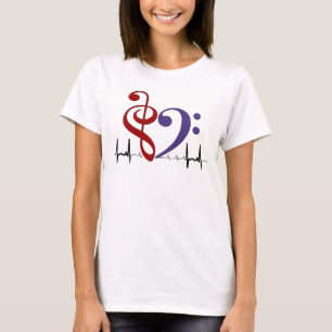 Bass Clef Heart EKG Waves Red & Lila T - Shirt