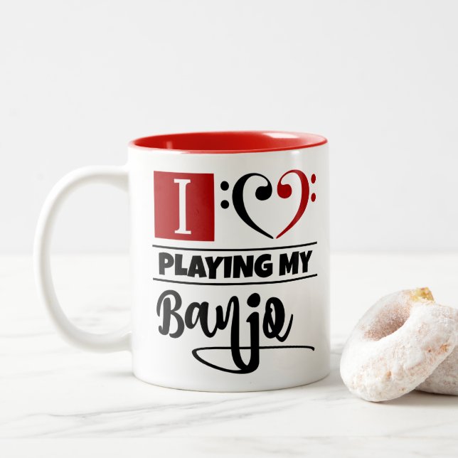 Bass Clef Herz I Liebe spielen mein Banjo Zweifarbige Tasse (Mit Donut)