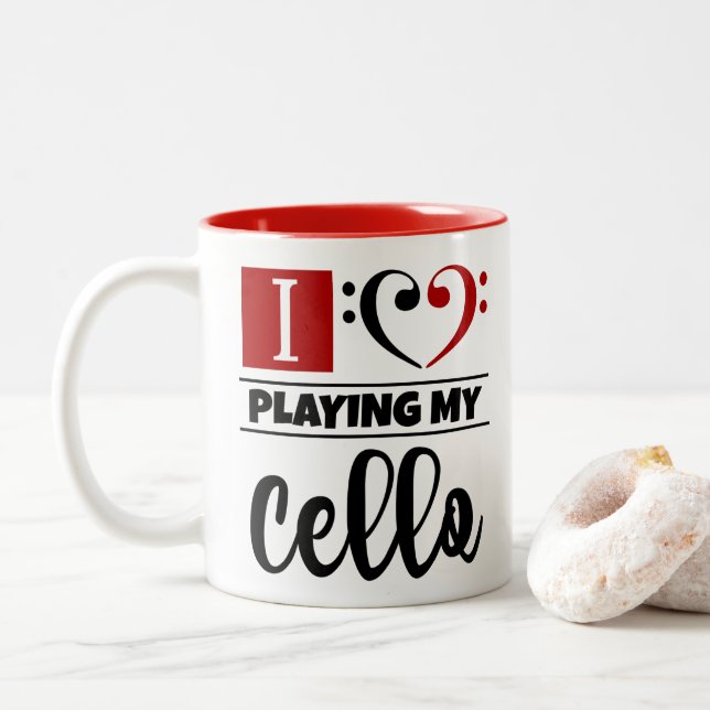 Bass Clef Herz I Liebe spielen mein Cello Zweifarbige Tasse (Mit Donut)
