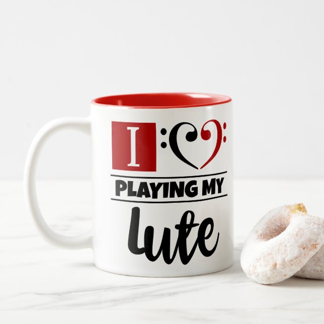 Bass Clef Herz I Liebe spielen meine Lute Zweifarbige Tasse (Mit Donut)