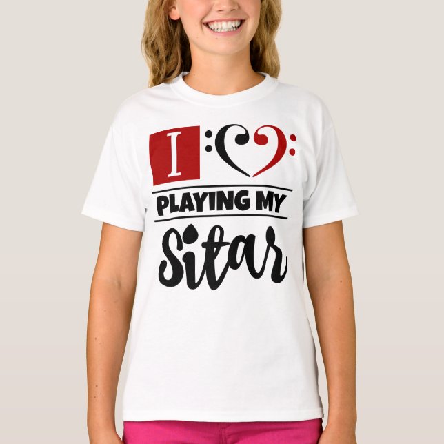 Bass Clef Herz I Liebe spielen meine Sitar T-Shirt (Vorderseite)