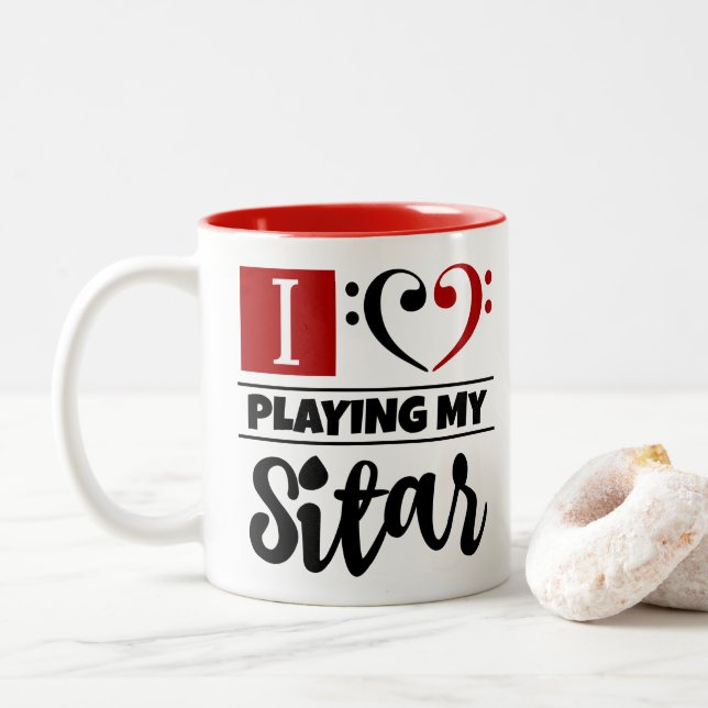 Bass Clef Herz I Liebe spielen meine Sitar Zweifarbige Tasse (Mit Donut)