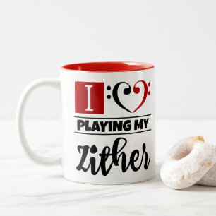 Bass Clef Herz I Liebe spielen meine Zither Zweifarbige Tasse