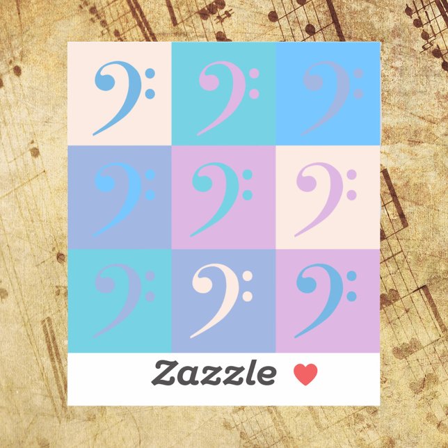 Bass Clef Music Pattern Pastel Aufkleber (A sticker of colorful bass clefs in blue, pink, purple and yellow.)