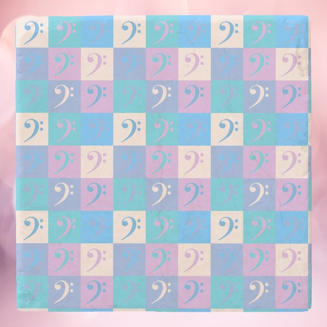 Bass Clef Music Pattern Pastel Steinuntersetzer (A coaster with a pattern of bass clefs done in yellow, blue, pink and purple.)