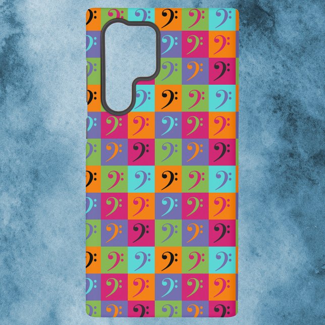 Bass Clef Musikmuster Samsung Galaxy Hülle (A phone case with a bass clef pattern in orange, blue, pink, green and purple.)