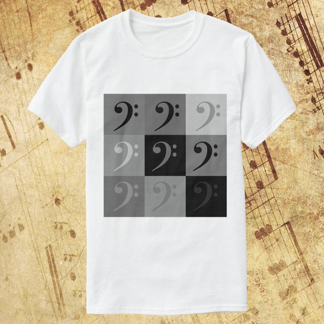 Bass Clef Muster in Schwarz und Grau T-Shirt (A shirt with a black and gray pattern of bass clef)