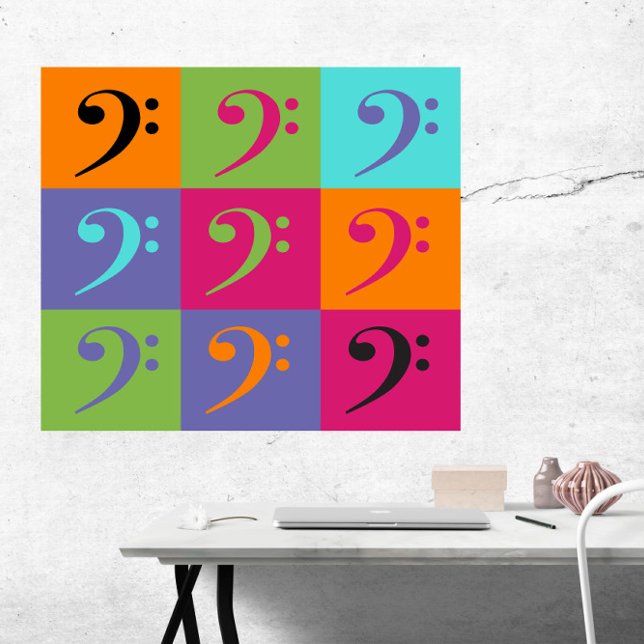 Bass Clef Muster Orange Lila rosa Poster (A poster featuring a bass clef pattern in orange, pink, green and turquoise)