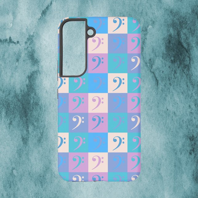 Bass Clef Pattern Music Pastel Samsung Galaxy Hülle (A phone case with a pattern of bass clef symbols in pastel colors.)