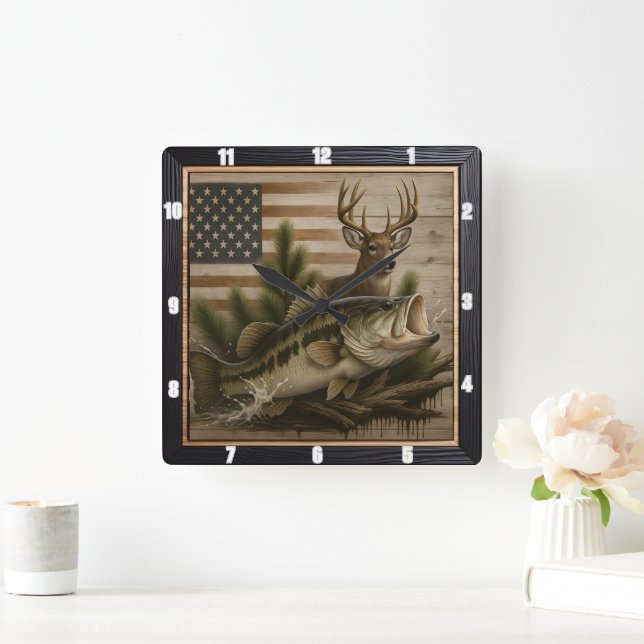 Bass Deer American Flag Quadratische Wanduhr (Zuhause)