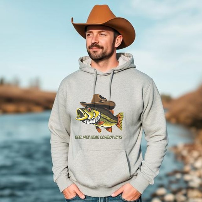 Bass Fish Reel Men Tragen Cowboy Hats Hoodie (Funny Fish Hoodie for Him Fish with a Cowboy Hat Fathers Day gifts Gifts for him)