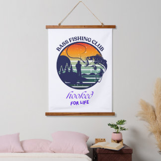 Bass Fishing Club Retro Sonnenuntergang Wandteppich Mit Holzrahmen