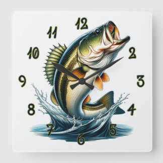 Bass Fishing Wall Clock - Sprung Largemouth Bass Quadratische Wanduhr