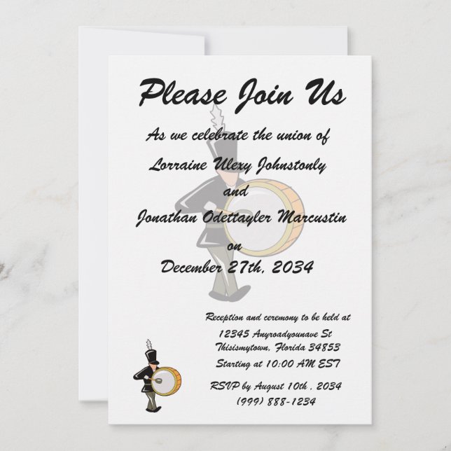 Bass-Schlagzeuger marschierendes schwarzes Einladung (Vorderseite)