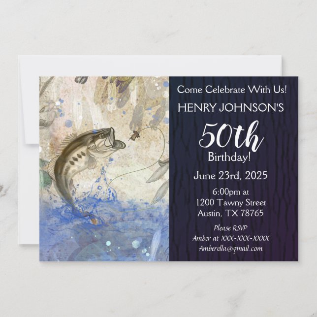 Bassangeln Thema 50. Geburtstag Einladung (Vorderseite)